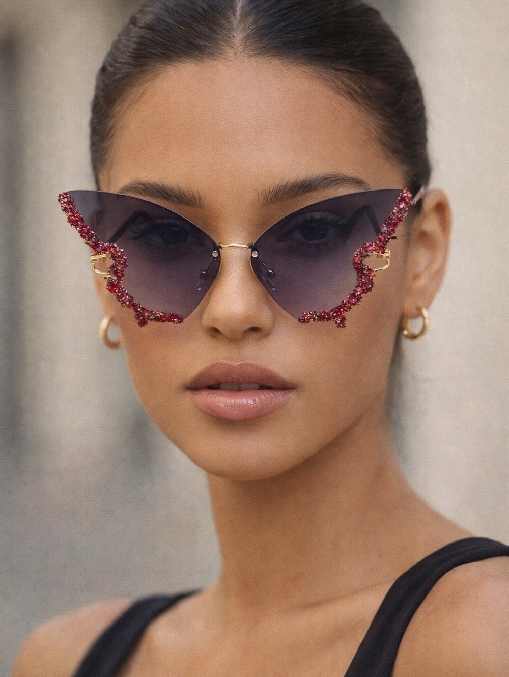 Butterfly sunglasses black with red decor